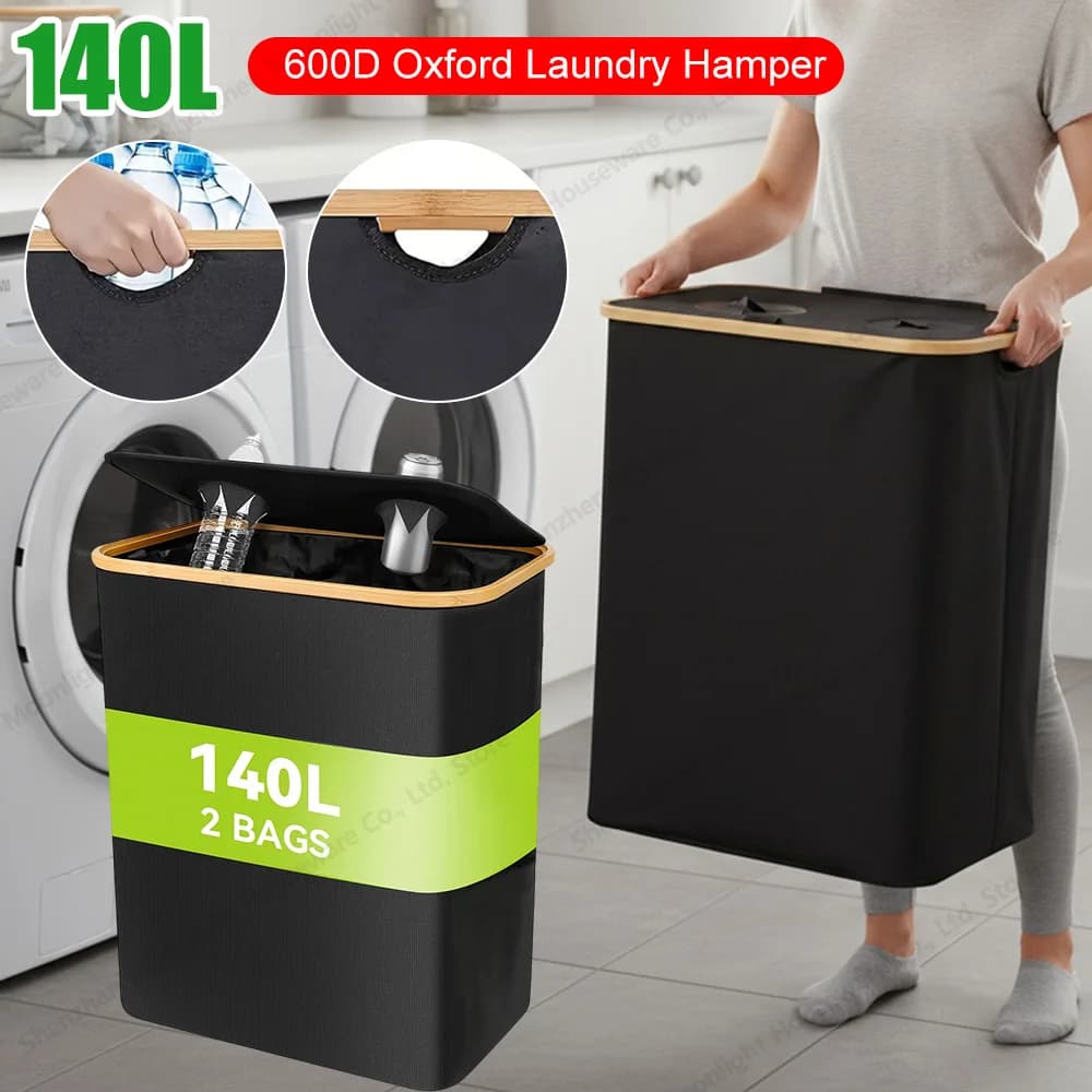 140L Oxford Foldable Basket, 2 Sections, with Removable Bag, Large Double Basket for Home and Dormitory