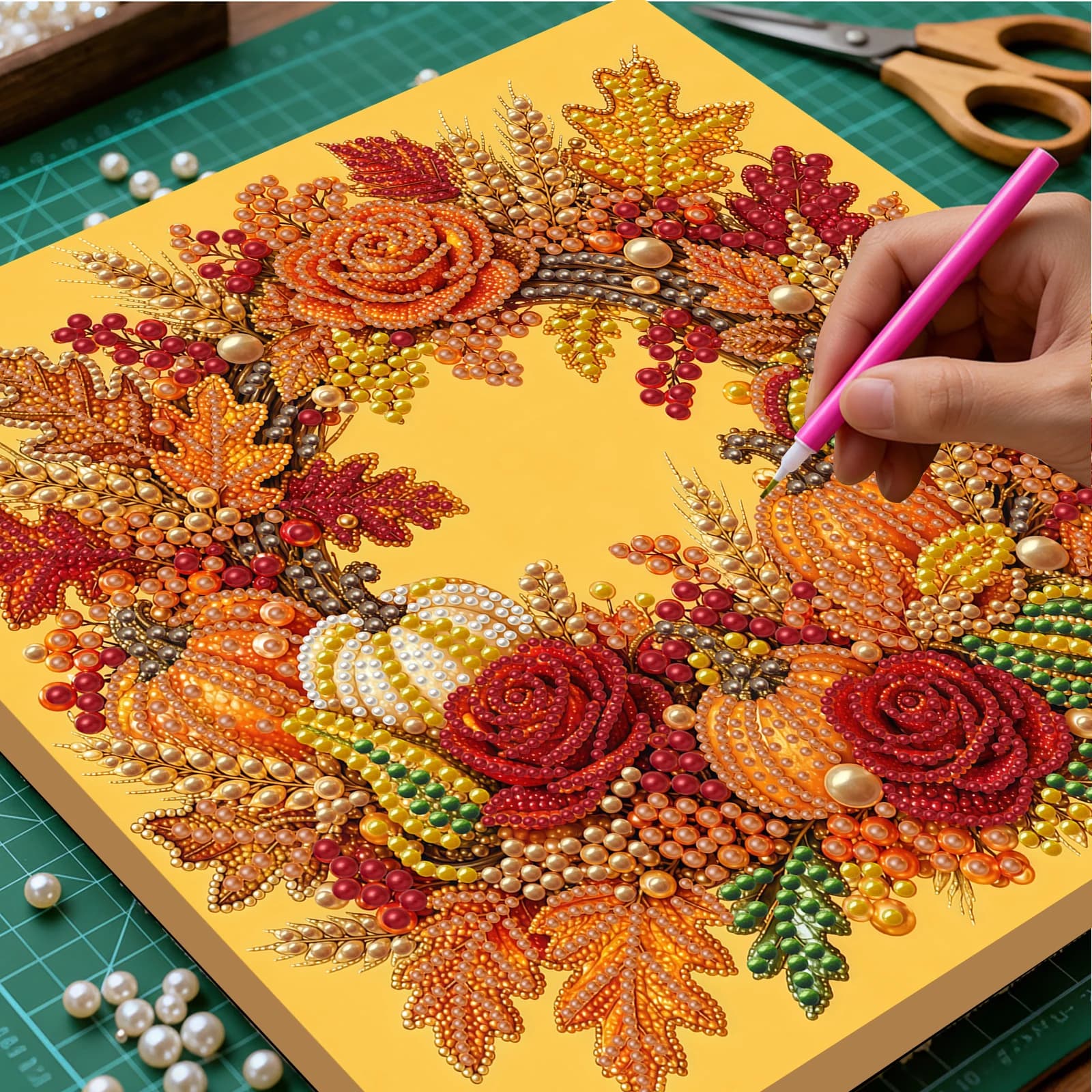 Autumn Maple Leaf Wreath 3D Pearl Diamond Painting Kit with Embroidery Hoop Frame for Adults Beginners Gift Ideal Home Art Decor