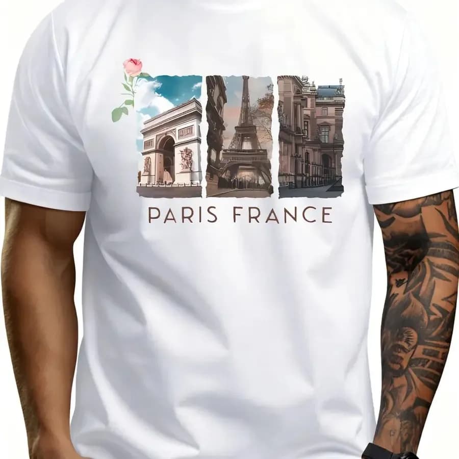 T-shirt da uomo stile casual con design dei monumenti di Parigi, Francia, abbigliamento estivo, regalo per gli amanti dei viaggi