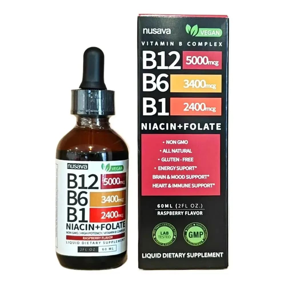 2 Flaconi da 60ml di Gocce Liquide di Vitamina B12, B6, B1 5000mcg, Integratore Sublinguale del Complesso B per Stimolare il Metabolismo e Supportare il Sistema Immunitario