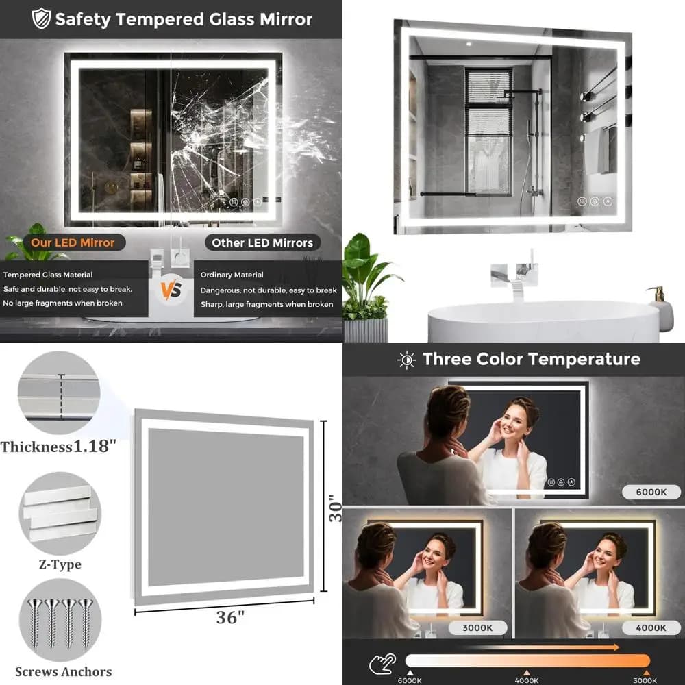 Specchio da Bagno Illuminato a LED 36 x 30, Tricolore, Antiappannamento, Dimmerabile, Vetro Temperato con Funzione Memoria