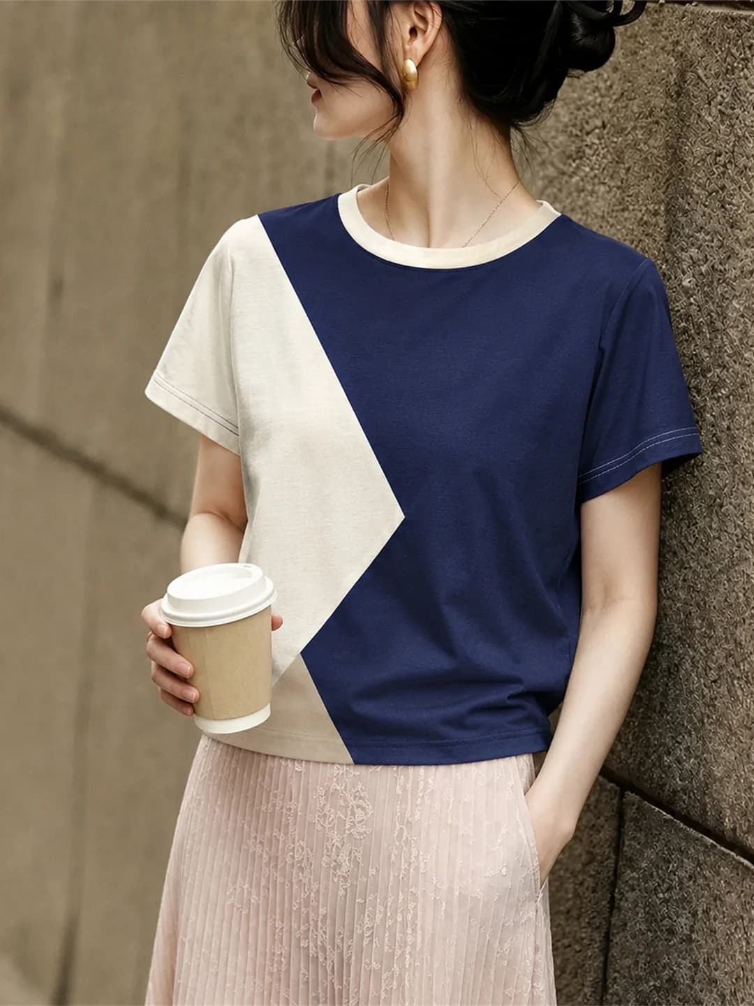 Chic Short Sleeve Color Block Top Youthful Korean Style T-Shirt Women's Summer Fashion Versatile round Neck Basic Fit Tee