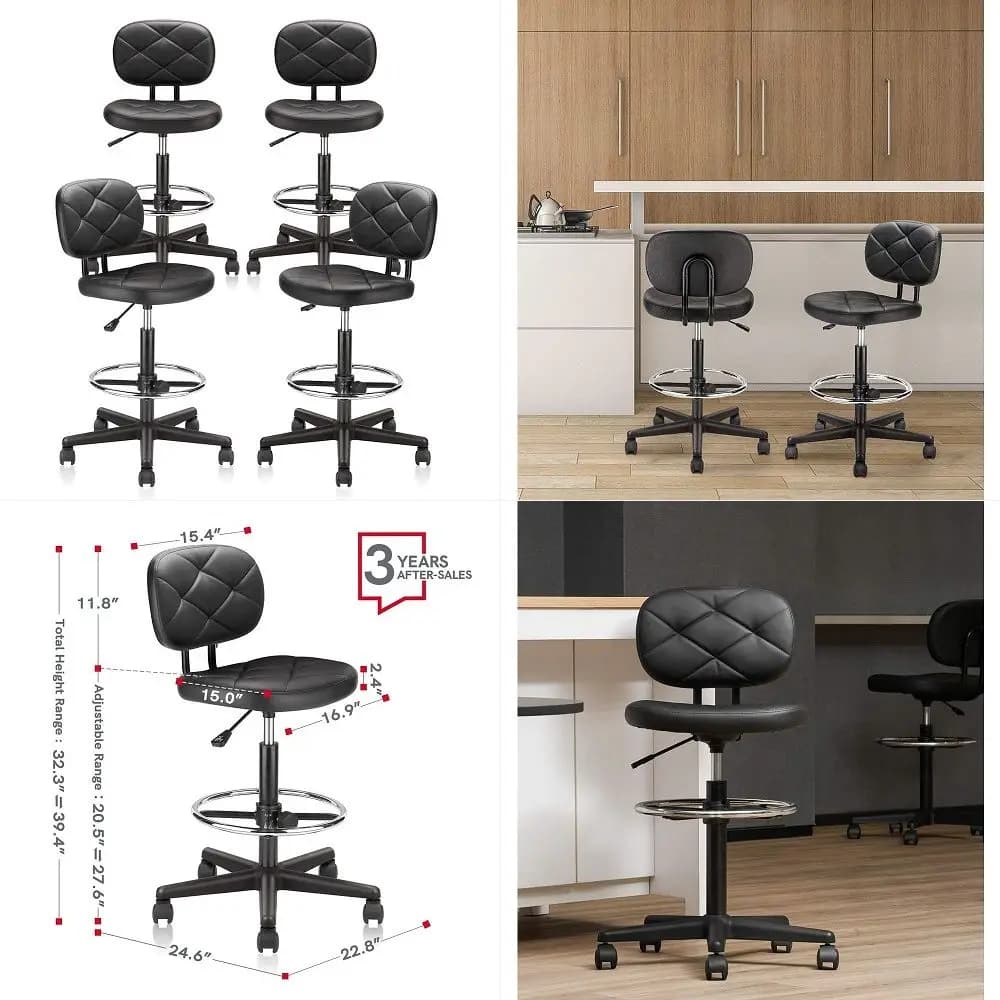 Tall Drafting Rolling Stool Chair with Low Back Support and Adjustable Foot Rest Ring Set of 4 PU Leather Vinly Wide Seat Swive