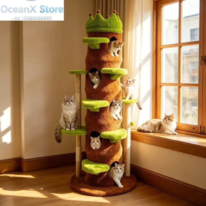 187CM Tall Indoor Cat Tree Tower Large Vibrant Green Cat Climbing Tree Activity Tower Crown-shaped Perch Plush Stairs Cat Condo