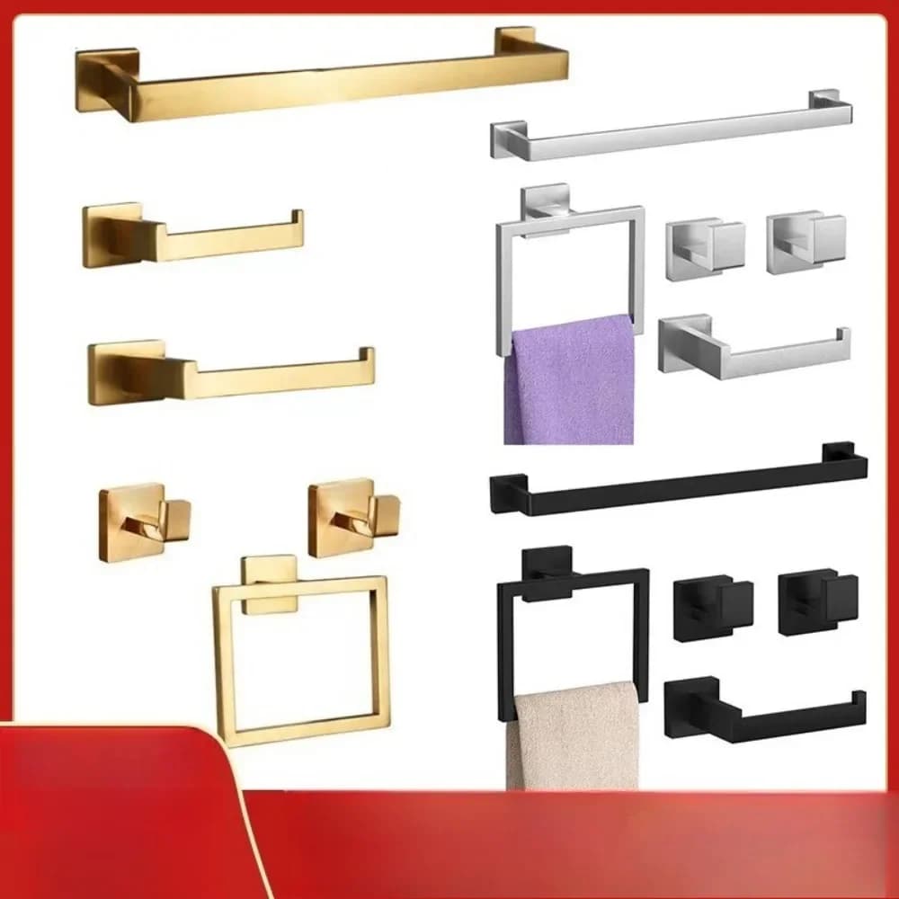 Simple square tube towel ring wall-mounted bathroom hardware pendant towel bar set stainless steel