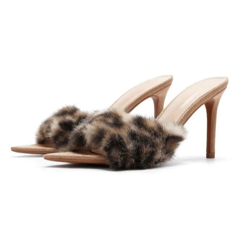 Pantofole con tacco in peluche soffice con stampa leopardata sexy a punta da donna Elegante abito senza schienale Tacchi alti Sandali con diapositive firmate per feste