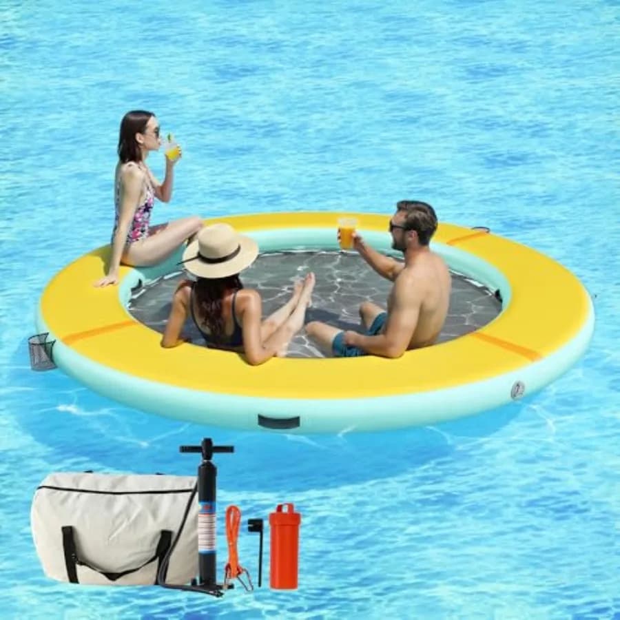 Lake and beach party inflatable water hammock: 8FT round floating dock with mesh tanning pool durable PVC material blue color e