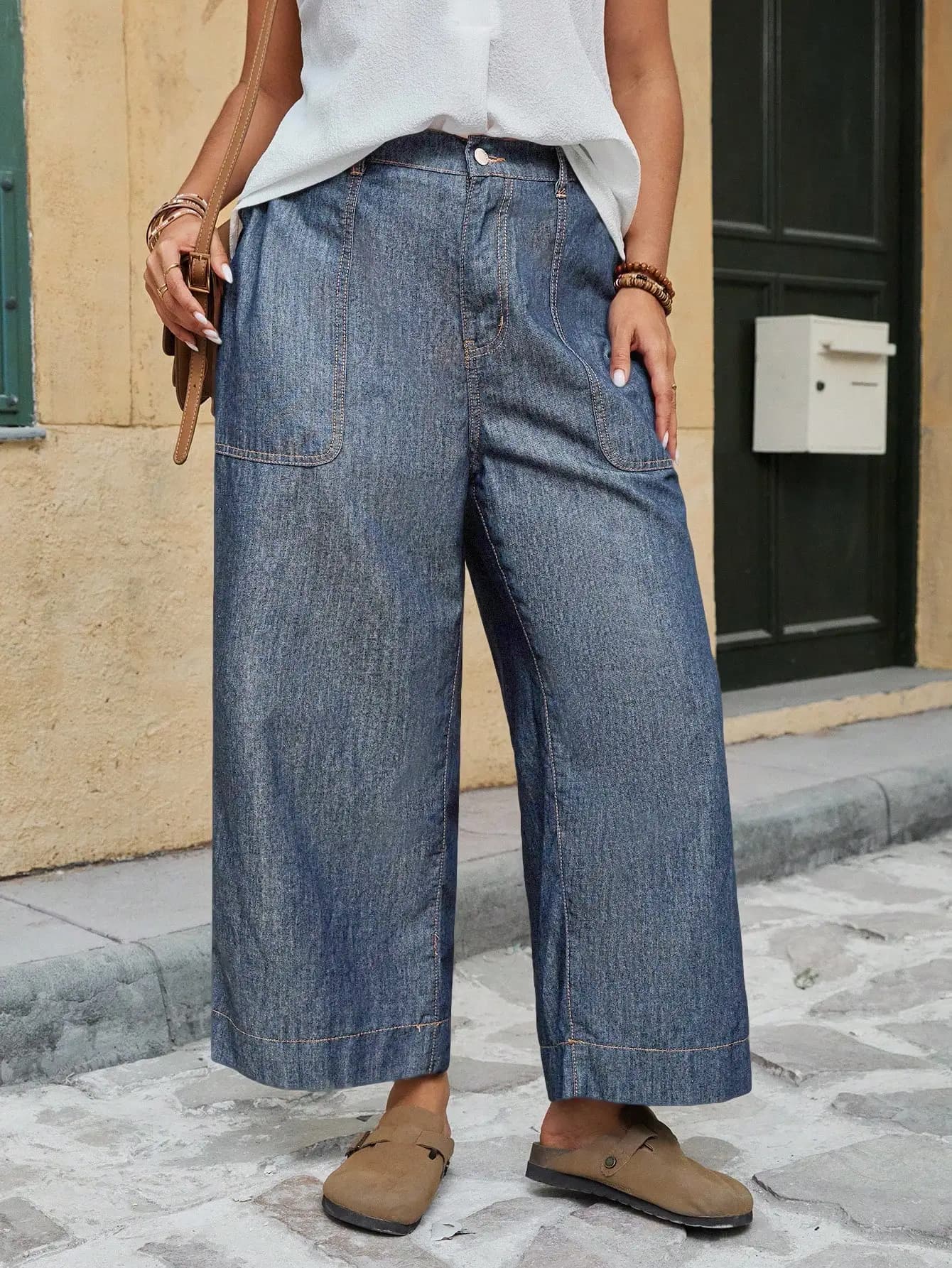 Jeans Larghi a Gamba Larga con Tasche Frontali, Pantaloni in Denim Casual Estivi