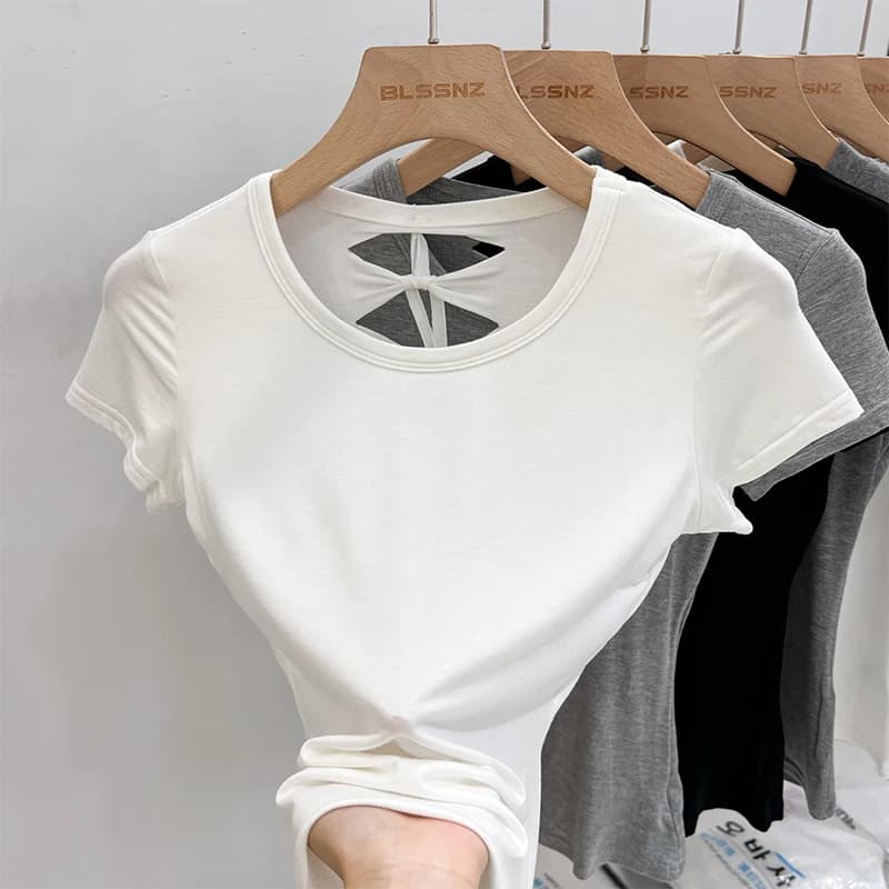 Zjaiss O-Neck Hollow Out Short Sleeve T-Shirt Women Summer New Slim Fit Alluring Y2K Backless Top Korean Style Tie Back Tee 2026