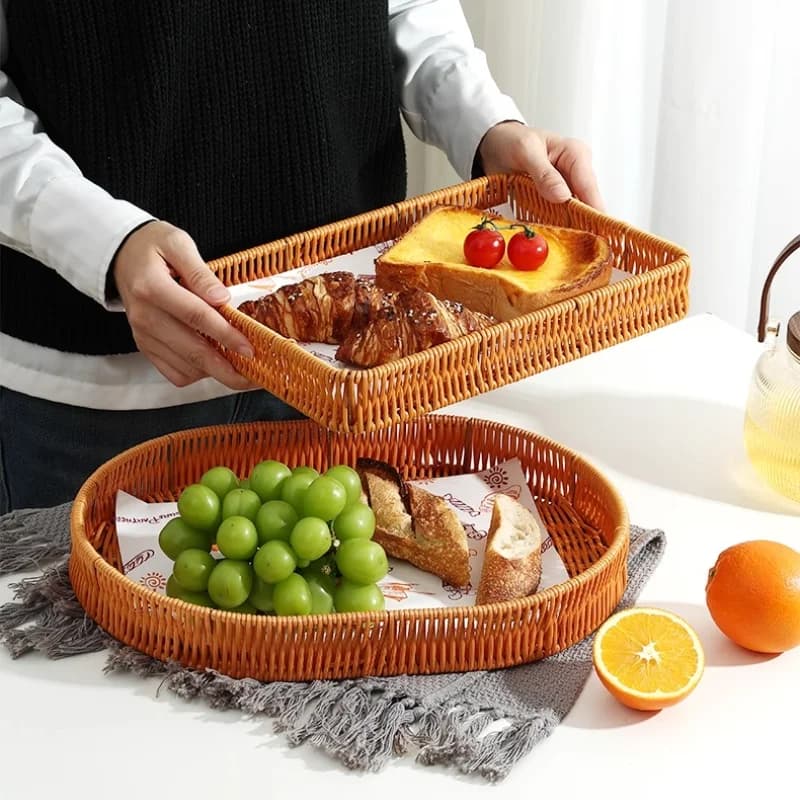 Vassoio in rattan imitazione Cestino di frutta Vassoio per snack Vassoio per rinfrescare Torta Cestino per pane Vassoio di frutta secca Piatto da dessert