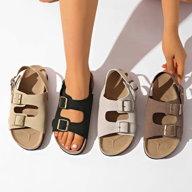 Sandali da donna con doppia fibbia, zeppa in sughero, punta aperta e cinturino alla caviglia, scarpe piatte comode per camminare, ideali per l'estate e la spiaggia, stile casual.