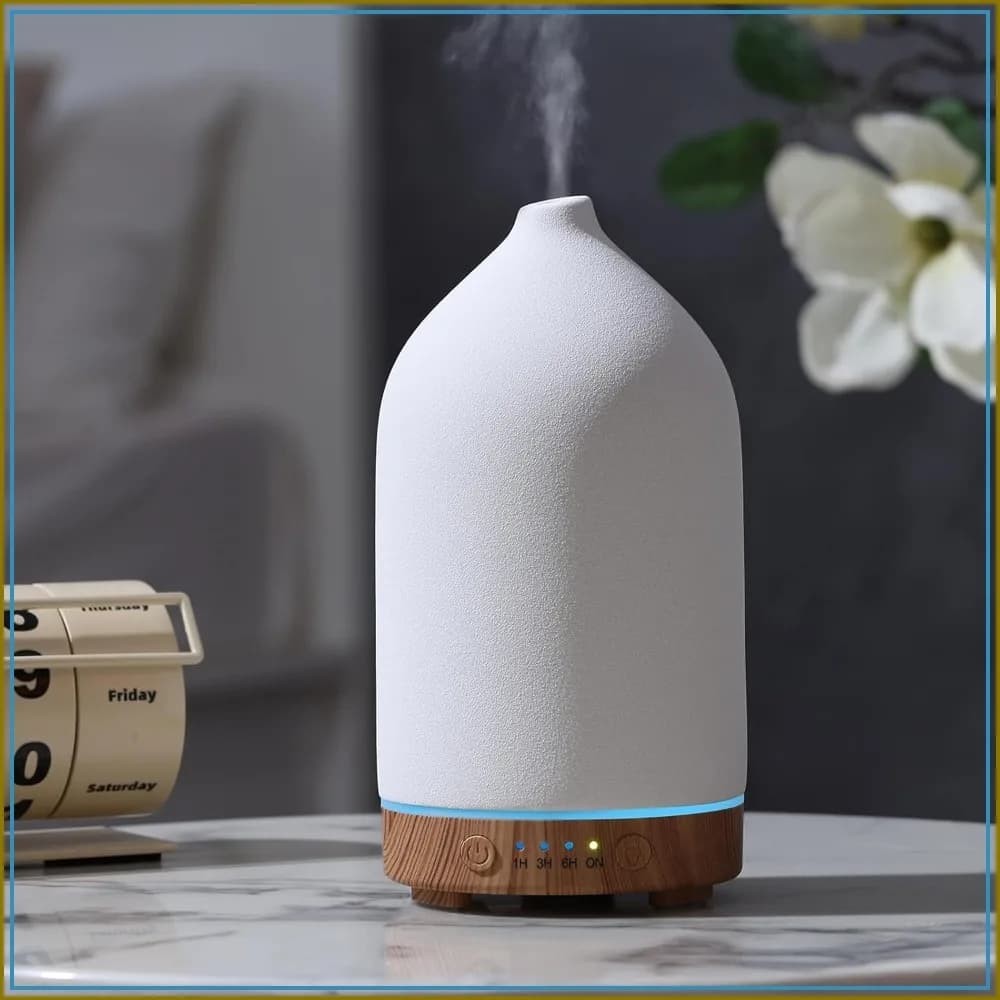200ML Ceramic Essential Oil Diffuser, Ultrasonic Aromatherapy & Humidifier with 7-Color LED Lights, Auto Shut-Off, Wood Grain Base, 1H/3H/6H Timer for Home, Office, Yoga