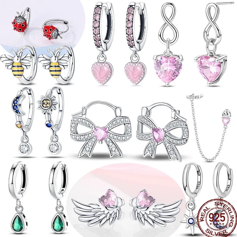Hoop/study/goccia earrings with pink heart shaped bow in silver S925 with glittering zircons, moon star, bees and ladybug, jewelry with pendants