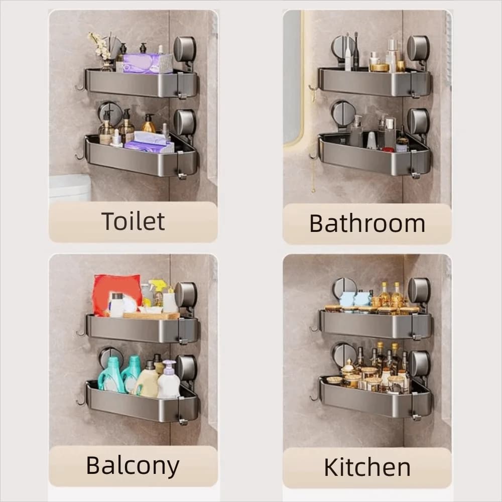 No Drilling Suction Cup Triangle Storage Rack Space Saving Strong Load-bearing Corner Storage Rack Removable with Hooks