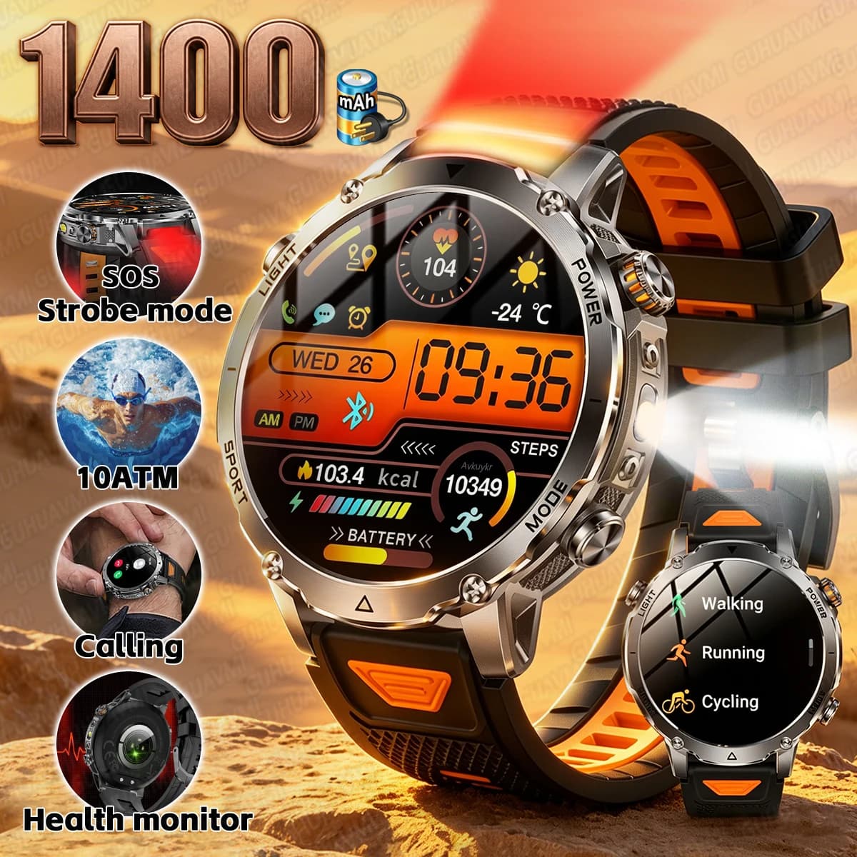 Nuovo Smartwatch Militare da Esterno 2026 con Torcia Luminosa, Batteria da 1400mAh, Impermeabilità 10ATM, Chiamata SOS, Cardiofrequenzimetro e Fitness Tracker per Uomo