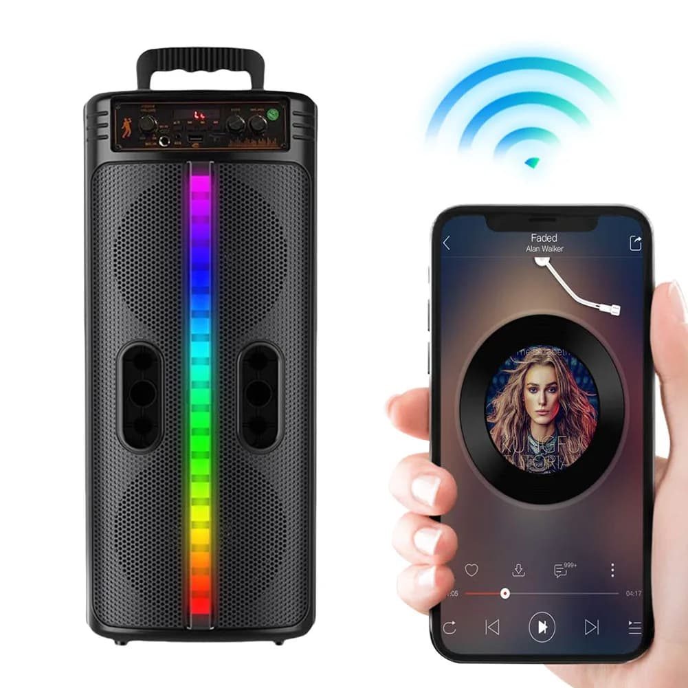 Altoparlante compatibile con Bluetooth, altoparlante stereo, luci colorate, doppio subwoofer, suono con bassi potenti per viaggi, interni ed esterni