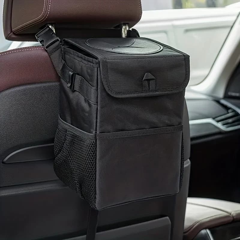 Pattumiera per auto con coperchio e tasche portaoggetti, organizer per auto a prova di perdite al 100%, pattumiera impermeabile, pattumiera multiuso per auto