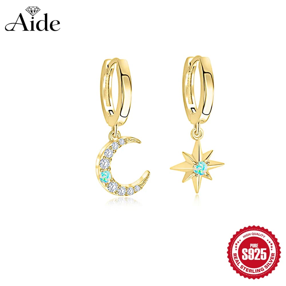 AIDE 925 Sterling Silver Personalities Octagonal Star Moon Opal for Women Dainty Piercing Earrings Ramadan Summer Party Gifts