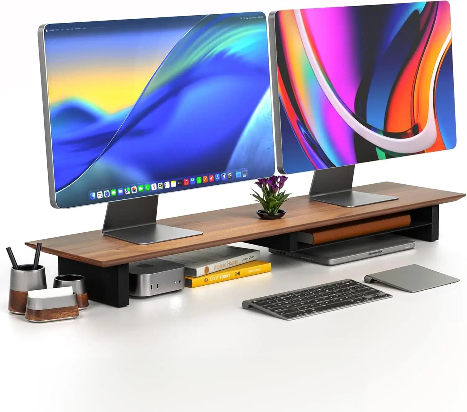 Supporto per Doppio Monitor da 42 Pollici, Ripiano da Scrivania in Legno Massello con Vassoio e Feltro, Organizzatore per Laptop per Casa e Ufficio