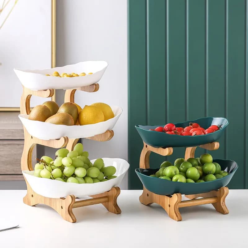 Vassoio a 3 livelli per frutta – Ciotola per frutta secca, vassoio per dolci e snack, espositore in legno per alimenti per soggiorno domestico
