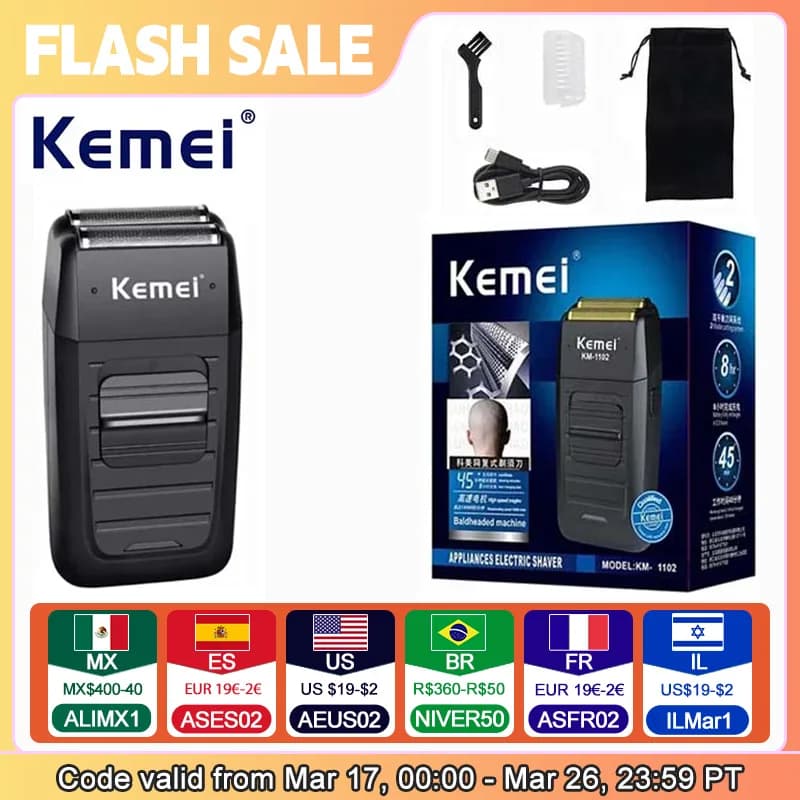 Kemei-1102 Rechargeable Battery Razor for Men Barba Razor Double Blade Face Care Multifunction Forte Trimmer