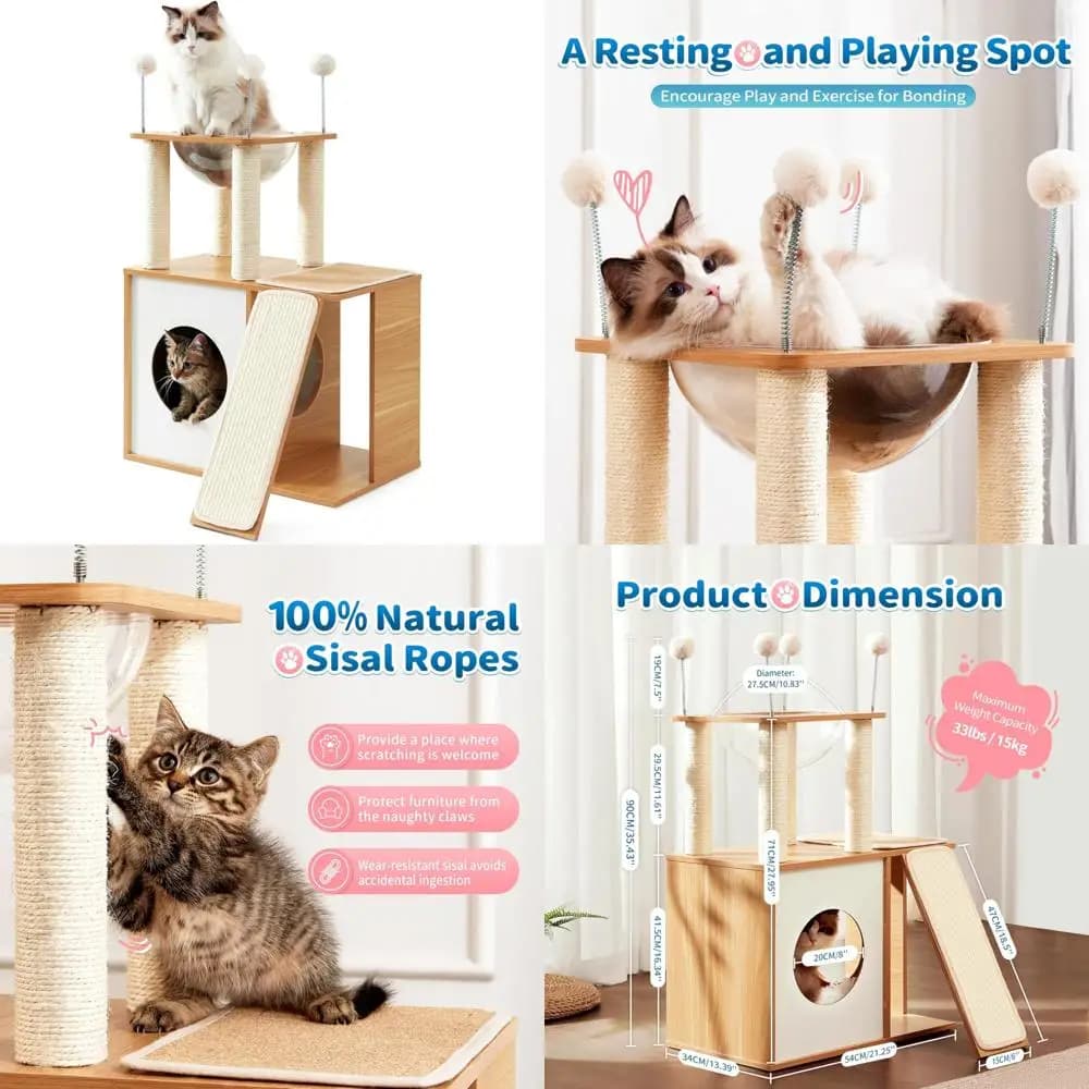 Albero per gatti da interno Torre alta moderna per gatti e gattini di grandi dimensioni, mobili da arrampicata in legno resistenti