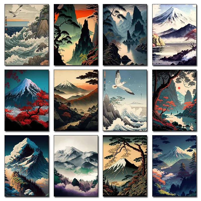 Poster Paesaggistico Giapponese, Stampa Diamond Painting, Monte Fuji con Fiori di Ciliegio, Quadro da Parete, Decorazione per Casa e Stanza, Murale Estetico