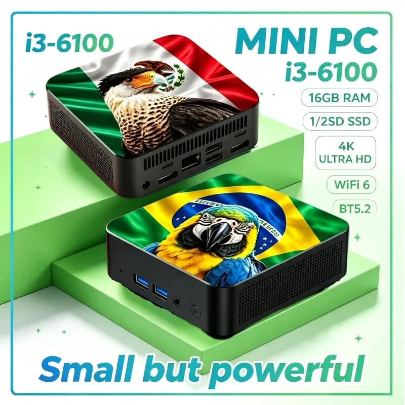 New Arrival Mexico Brazil Flag Powerful Portable Mini Gaming PC Core i3‑6100 16GB RAM 2TB M.2 SSD Win11 4K HD 60Hz Display