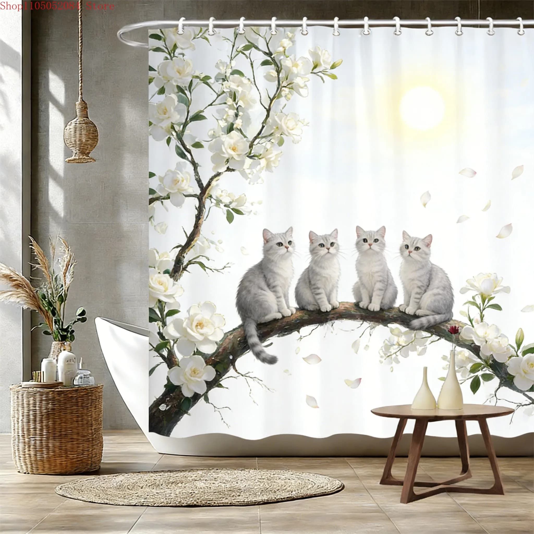 Quattro gatti bianchi su un ramo di magnolia, tenda da doccia impermeabile per l'arredamento del bagno