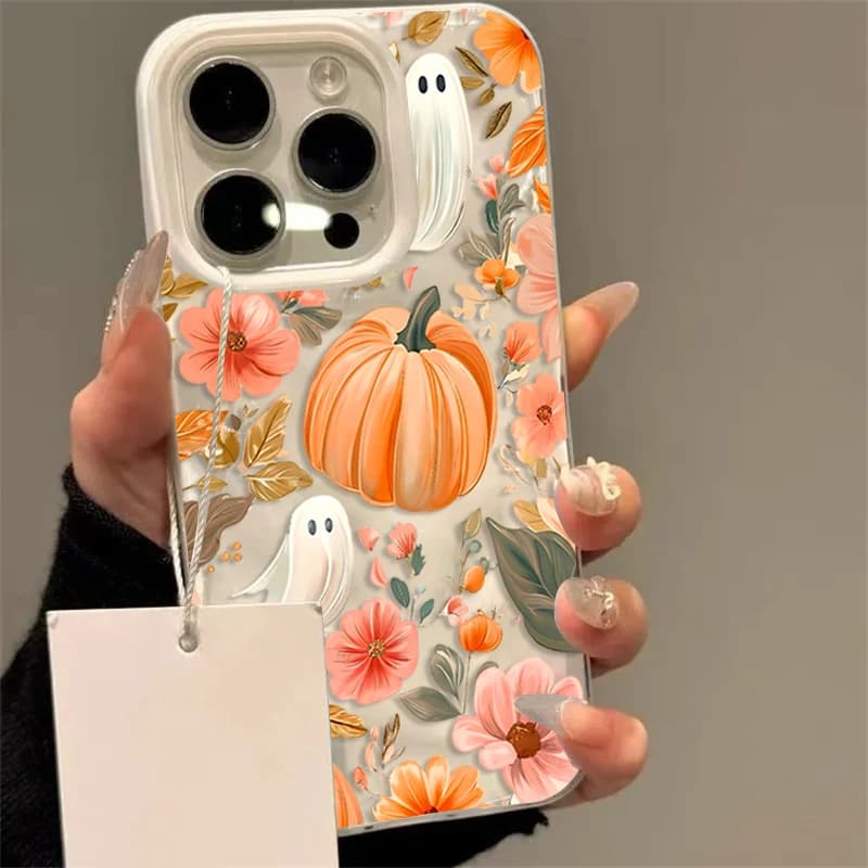 Autumn Fall Cute Ghost Pumpkin Flower Phone Case For iPhone 11 12 13 14 Pro 15 16 17 15 Pro Max 16 Plus Air TPU Shockproof Cover