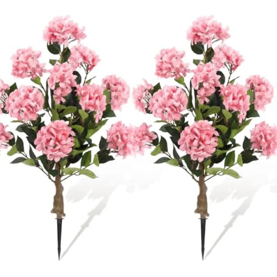 2 Pack Artificial Hydrangea Trees with Spikes, 24Inch Faux Hydrangea Outdoor Plants Bushes Realistic Fake Silk Flower for Plant