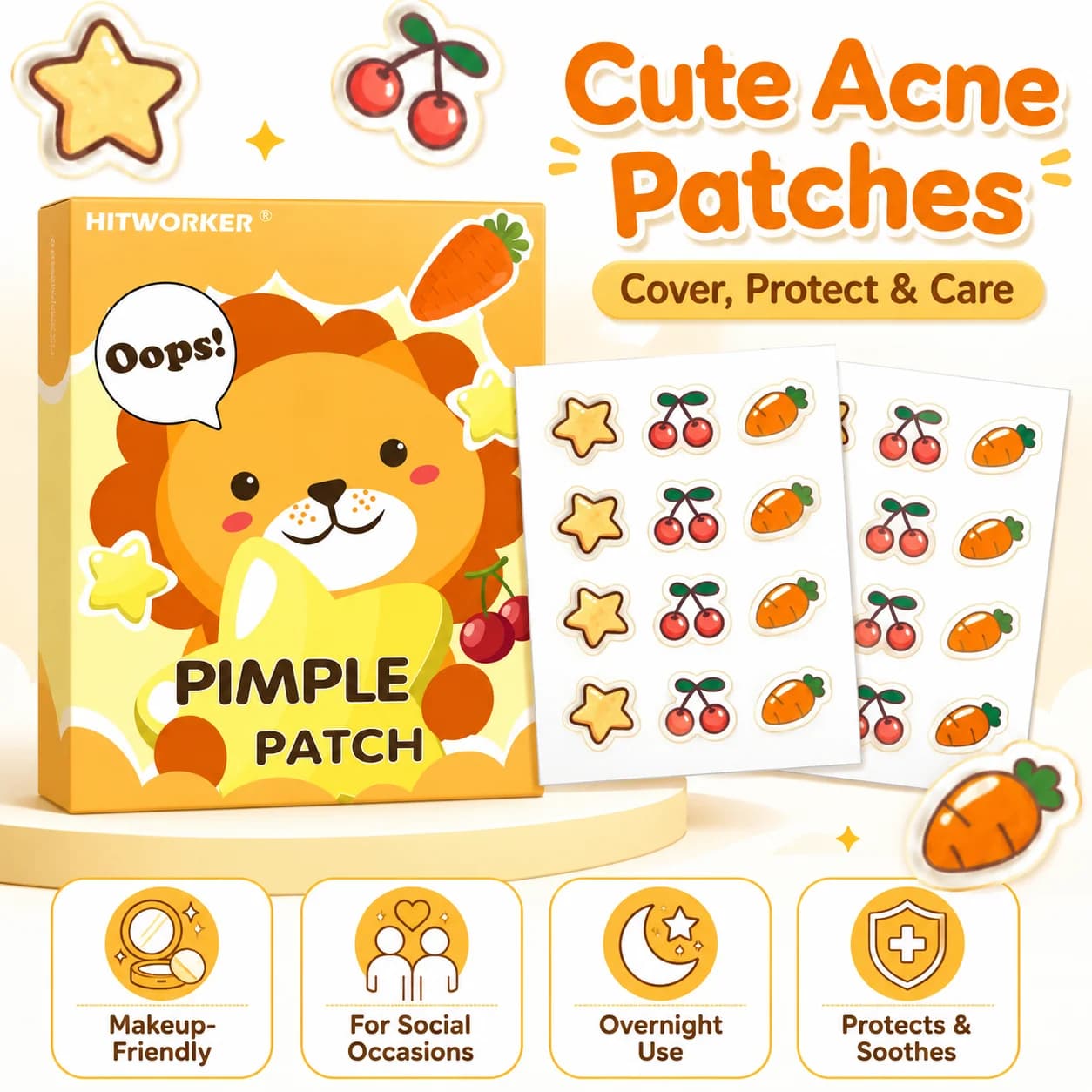 12 cartoon designed acne patches containing tea tree oil, water-based gel acne patches, ultra-thin and easy to tear