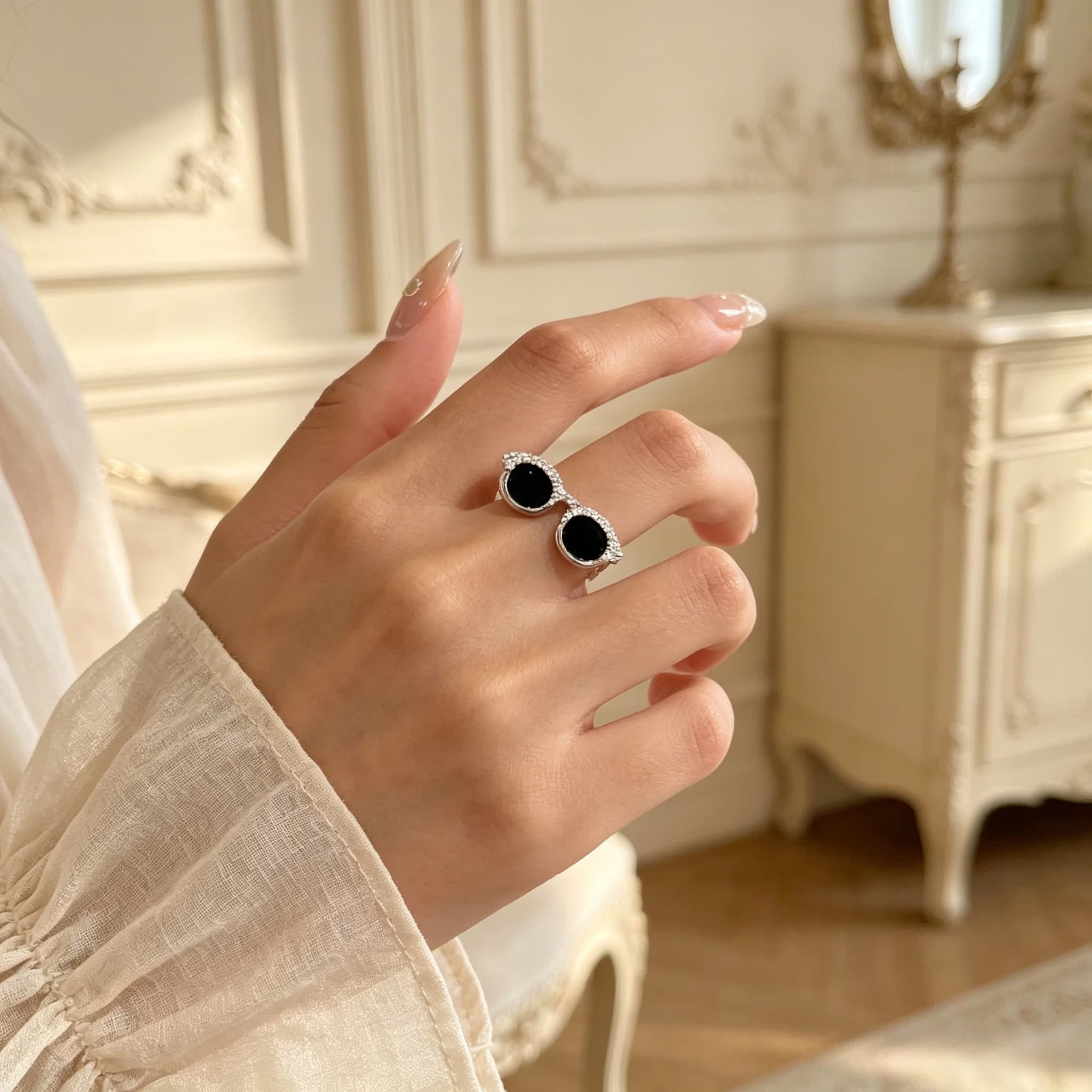 Mini Sunglasses Adjustable Open Ring Rhinestone Inlaid Shell Black Enamel Stackable Finger Jewelry For Women Daily Vacation Wear
