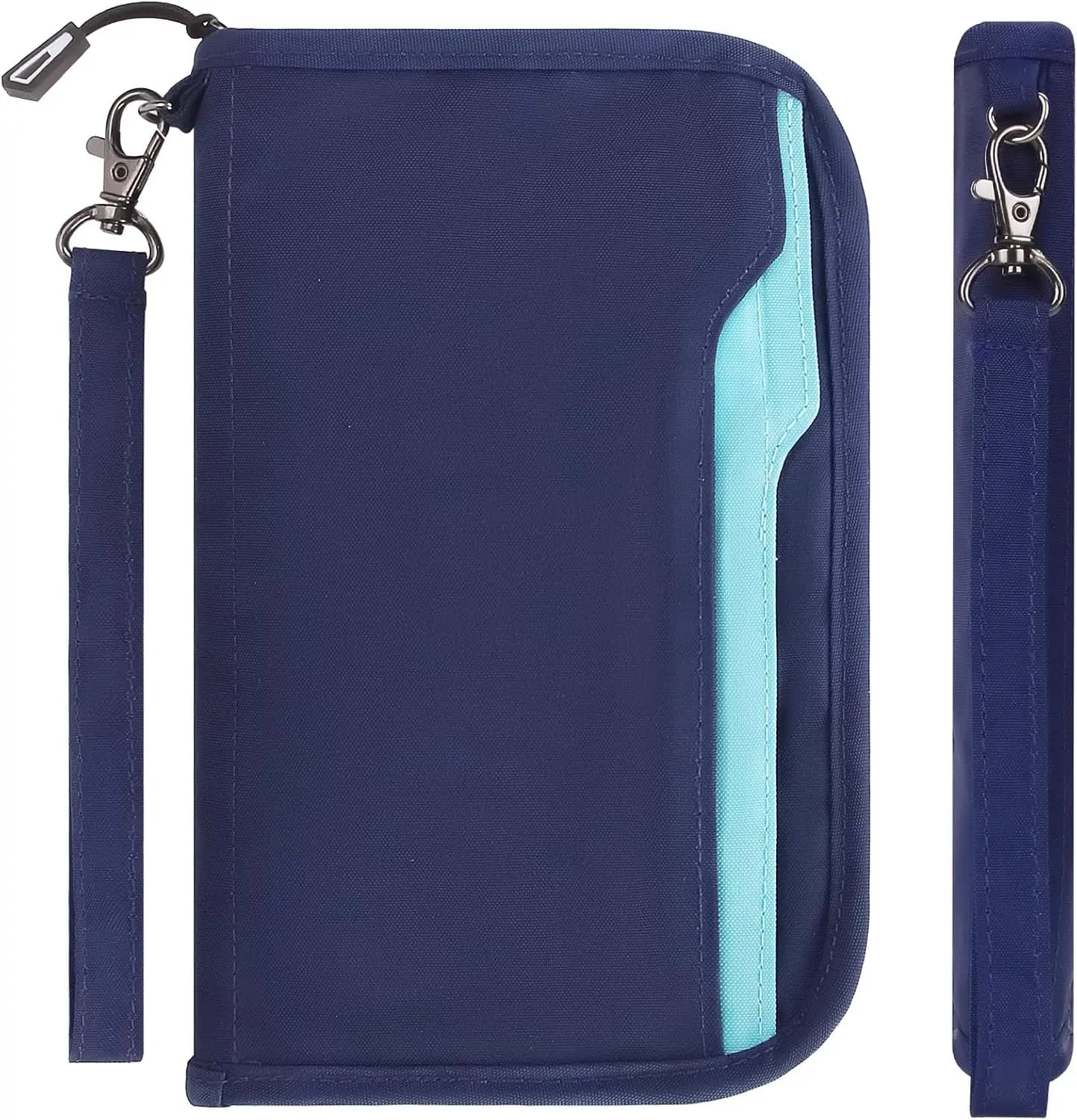 Portafoglio RFID per Passaporto per Donne e Uomini, Accessorio da Viaggio con Cinturino da Polso Rimovibile, Organizzatore Documenti con Cerniera