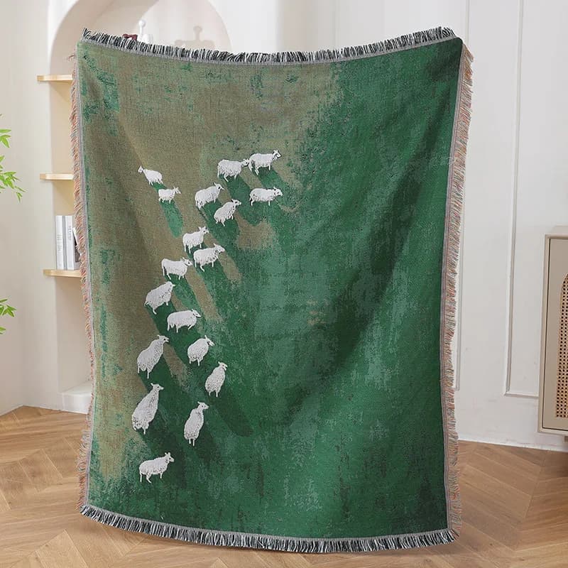Coperta in Tessuto Jacquard con Motivo Pecore e Prato Verde, Decorazione con Animali da Fattoria, Coperta per Divano con Frange