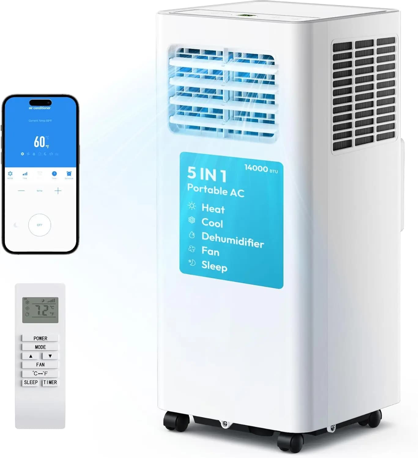 14000 BTU Portable Air Conditioner, 5-in-1 Unit Cools Up to 650 Sq.Ft. in Bedroom with Cooling, Heating, Fan, Dehumidifier, Sleep Mode, LED Remote, 24H Timer, Installation Kit, WiFi