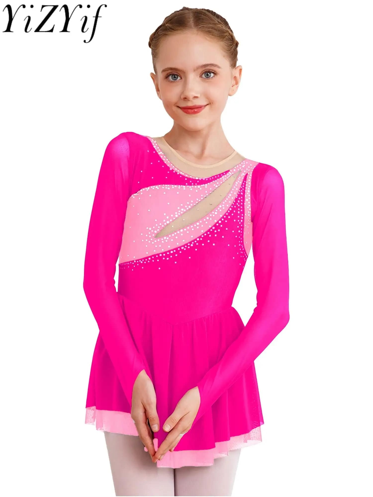Vestito da ballo lirico per balletto per ragazze Ginnastica ritmica Body Tutu in rete Abiti a maniche lunghe Pattinaggio su ghiaccio di figura Dancewear
