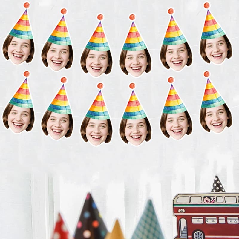 6/12pcs Custom Portrait Face Rainbow Birthday Hat Style Banner Decor Adult and Kids Birthday Party Fun Hanging Ornament