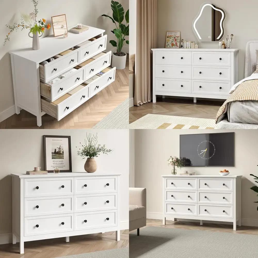 6 Drawer Double Dresser with Deep Drawers and Metal Handles, Wooden Dressers for Bedroom, Hallway, and Entryway