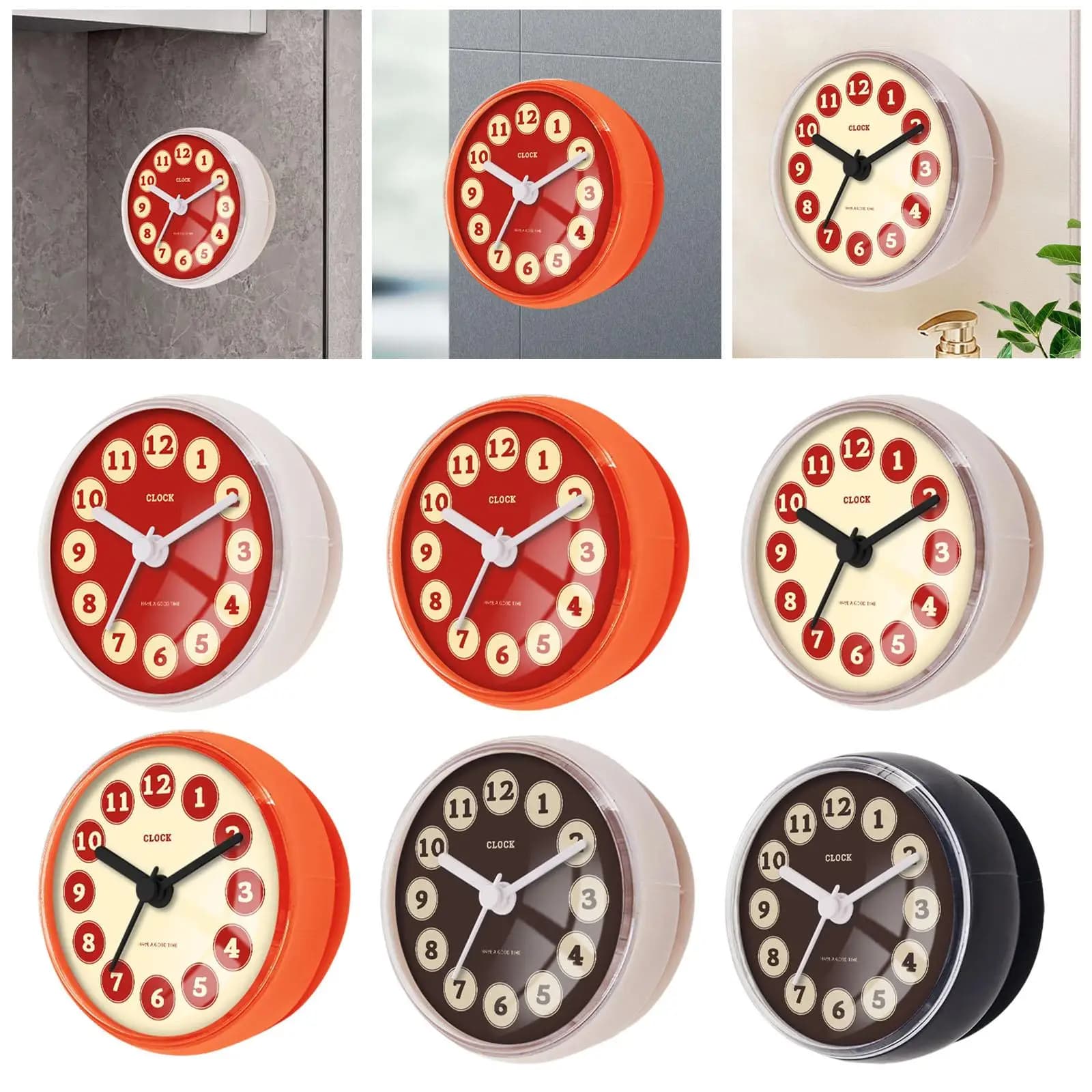 Waterproof round watch with analog display, compact bathroom and shower watch with suction cup for home, bathroom and kitchen