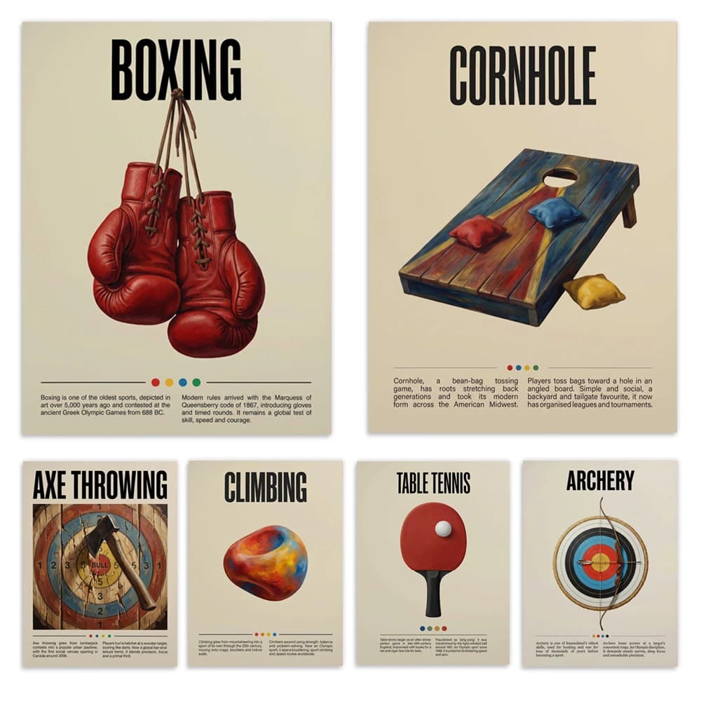 Retro ping pong, badminton, cricket, skateboard, volleyball, dodgeball, boxing gloves, archery target sports decorative posters