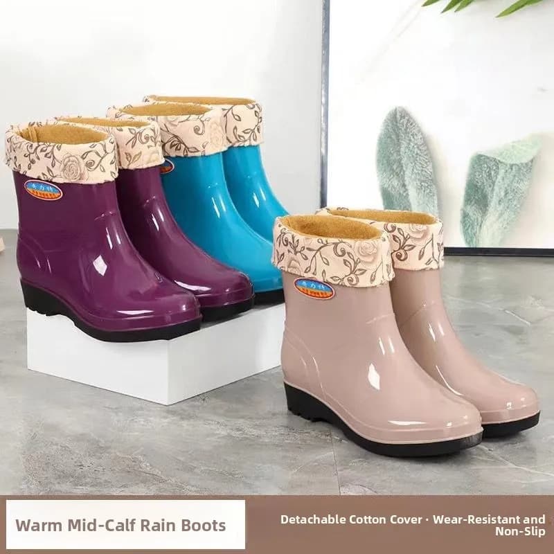 Women's Mid-Calf Fleece Lined Anti-Slip Rain Boots Fashionable Adult Kitchen Slip-Resistant Wear-Resistant Water Shoes