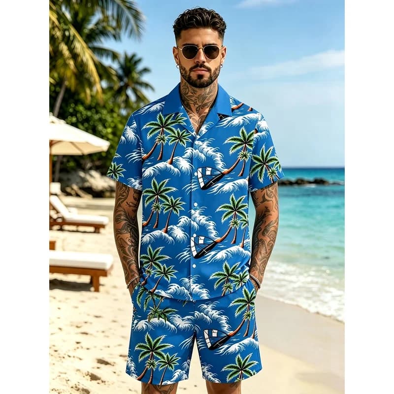 Summer Men's Hawaiian Coconut Tree Print Short Sleeve Elastic Waist Pocket Shorts Casual Vacation Two-Piece Set