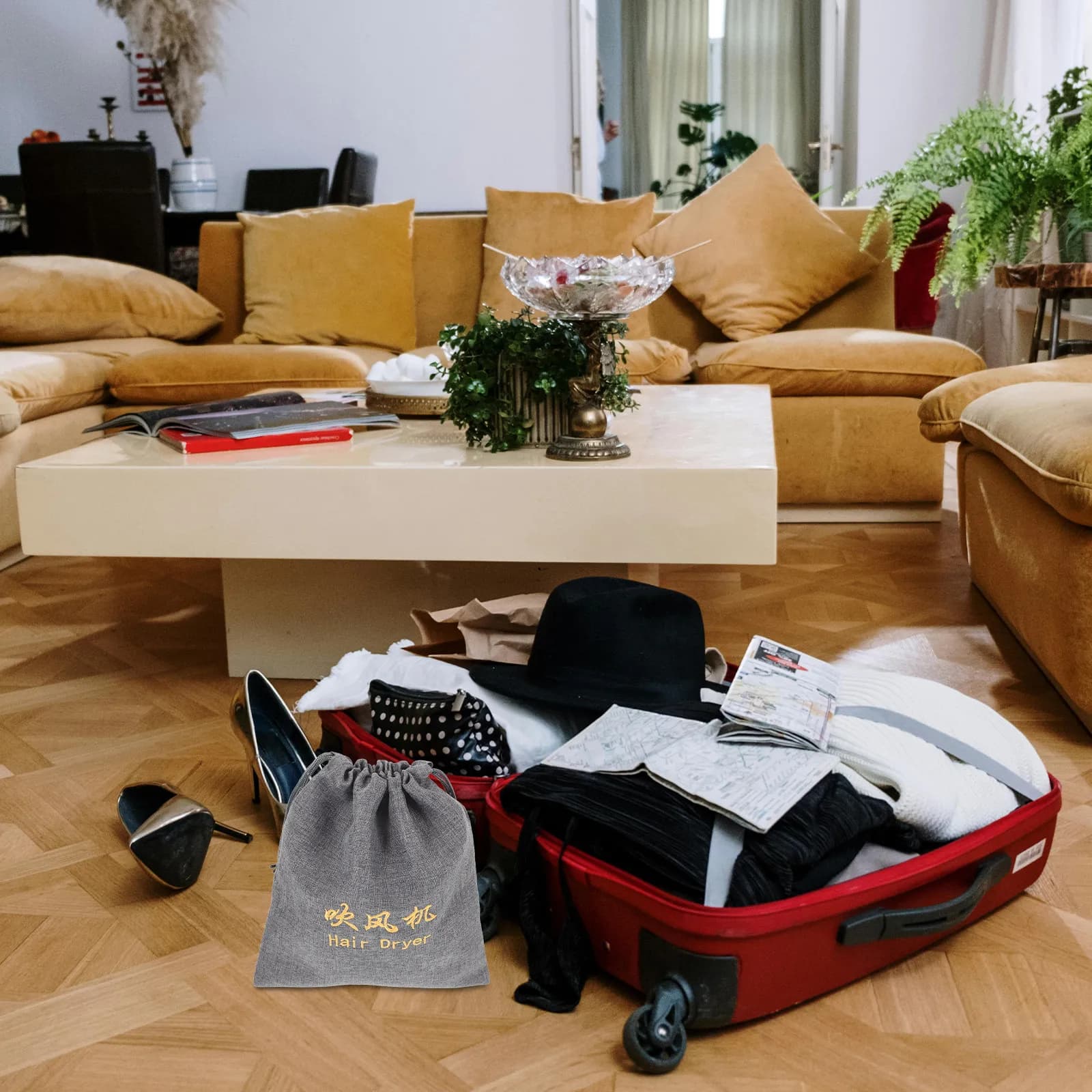 Versatile Travel Bag in Hemp with Coulisse for Hairdryer, Tools for Styling, Iron Hairpins, Plate, Makeup Brushes
