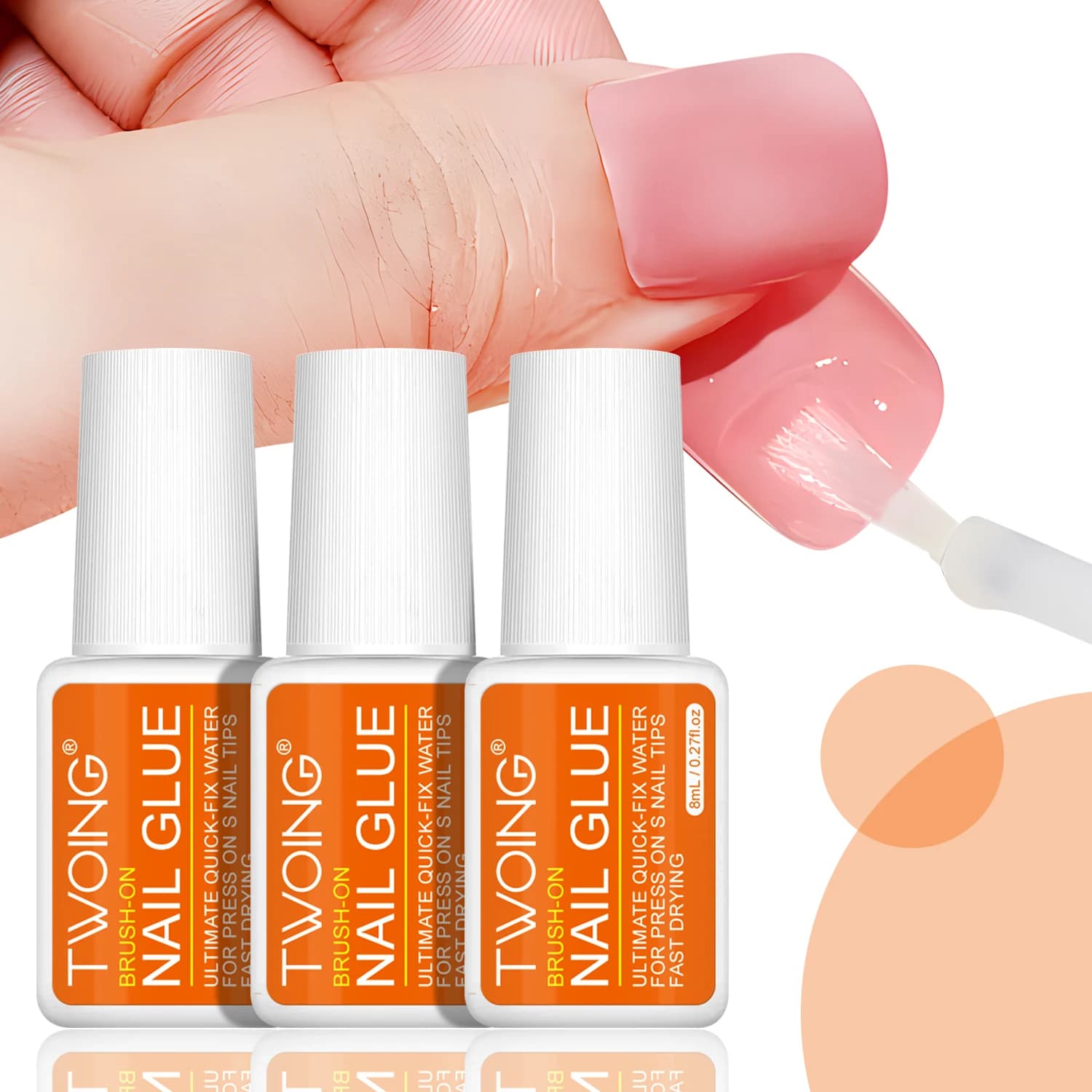 Twoing Waterproof Liquid Nail Adhesive,Long-Lasting & Fast-Drying, Formaldehyde-Free, Compatible with Acrylic Nails Fake Nails