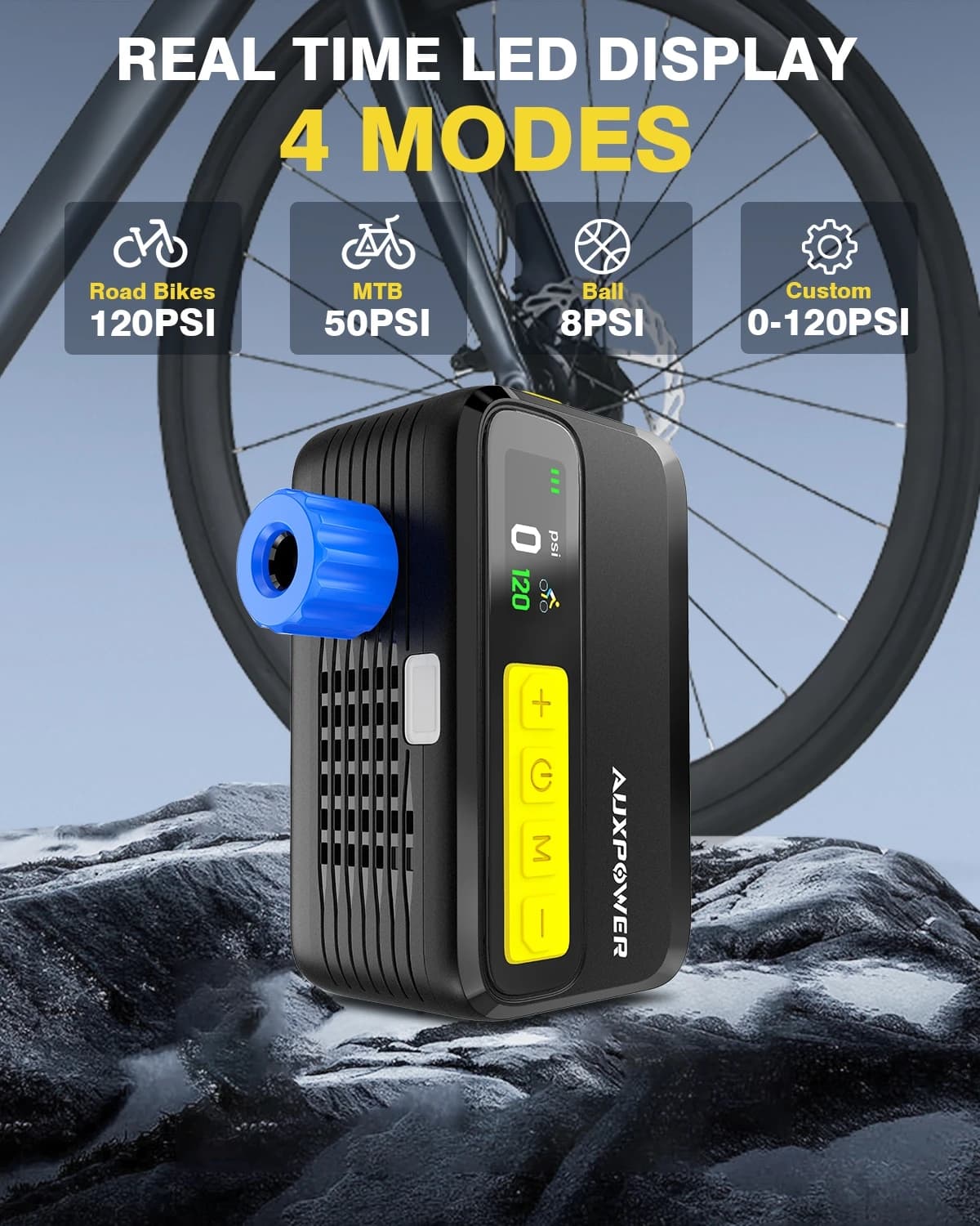AUXPOWER Bicycle Tire Inflation Brushless Real Time Display 120PSI Road Bikes 8PSI Ball Type-C Charging Inflation Pump 1500mAh