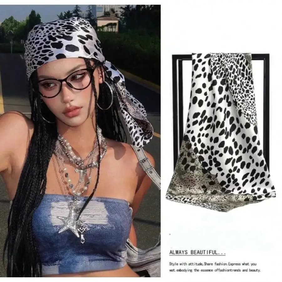 Coffee Leopard Polka Dot Printed Scarf, 90cm Satin Square Scarf, Imitation Silk Headscarf for Women European American Style