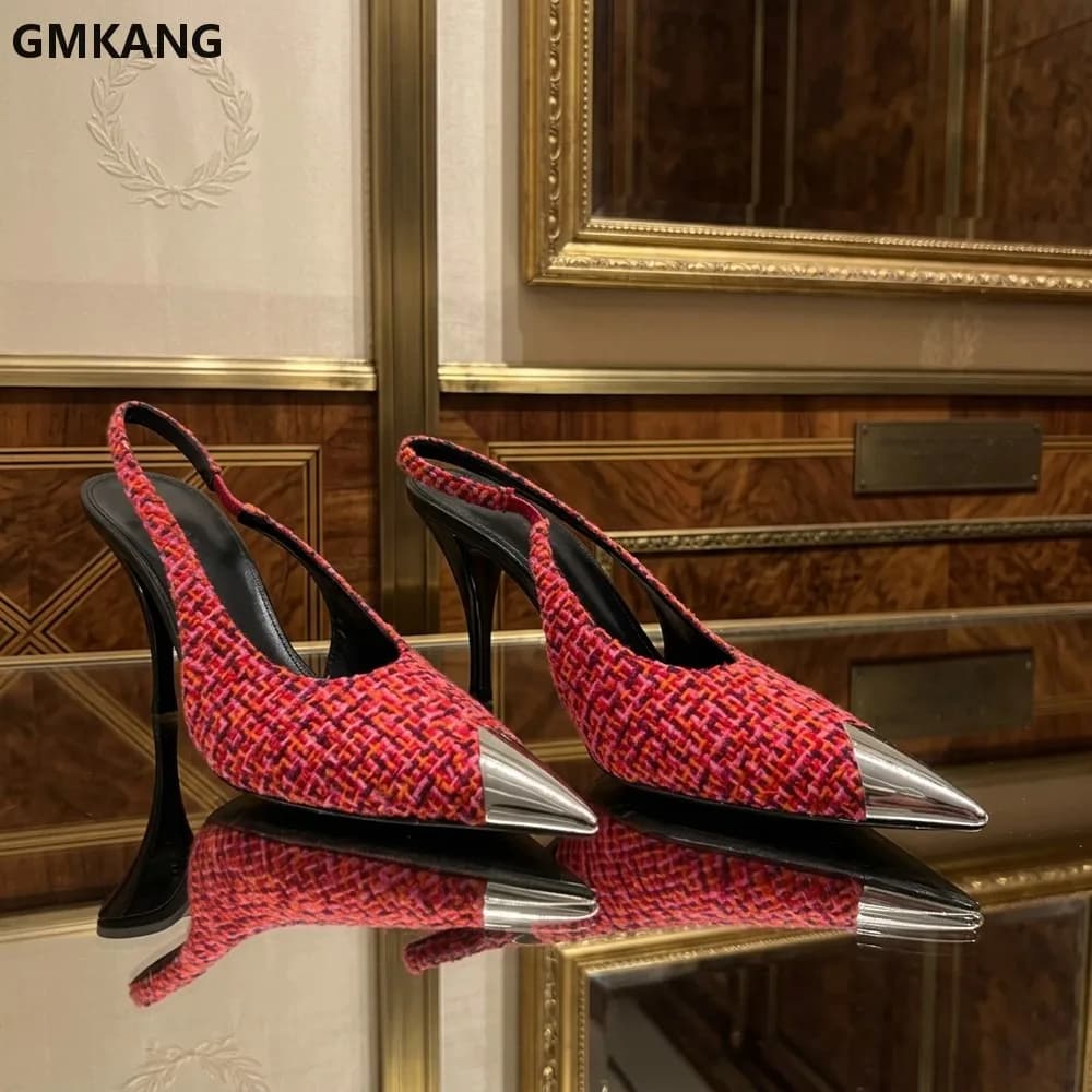 Women Suede Pointed Toe Stilettos Pumps, Metal Heel High Heel Dress Shoes, Ankle Buckle Strap Back Hollow Design, Thin Heel