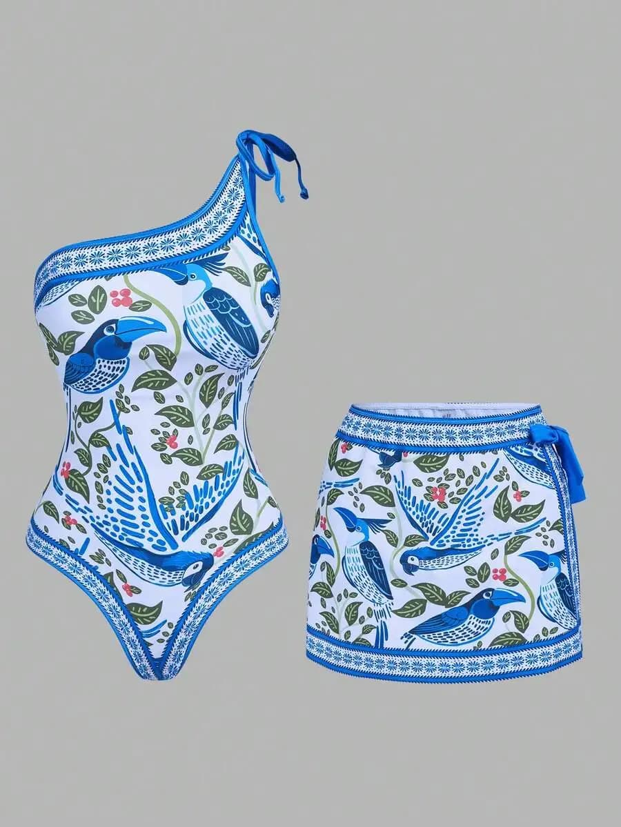 Set costume da bagno intero e gonna avvolgente con stampa tropicale Boho da donna