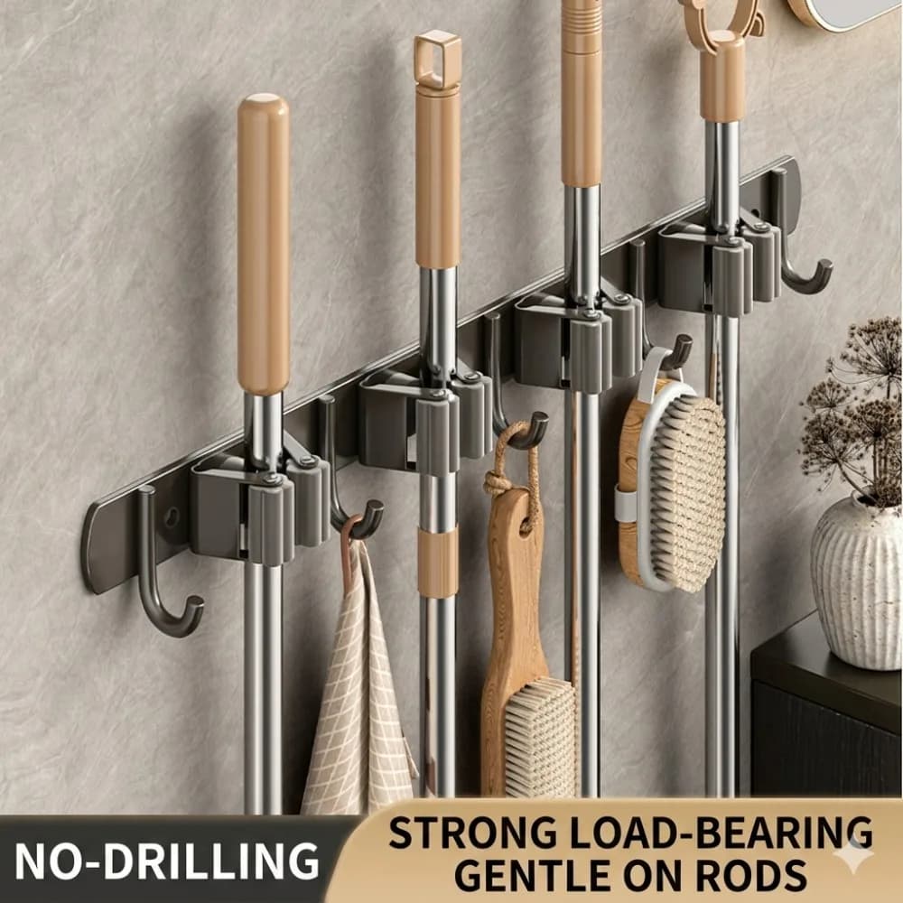 Stainless Steel Mop Broom Holder Wall Mounted No-Drilling Self Adhesive Heavy Duty Utility Storage Rack Garage Garden Organizer